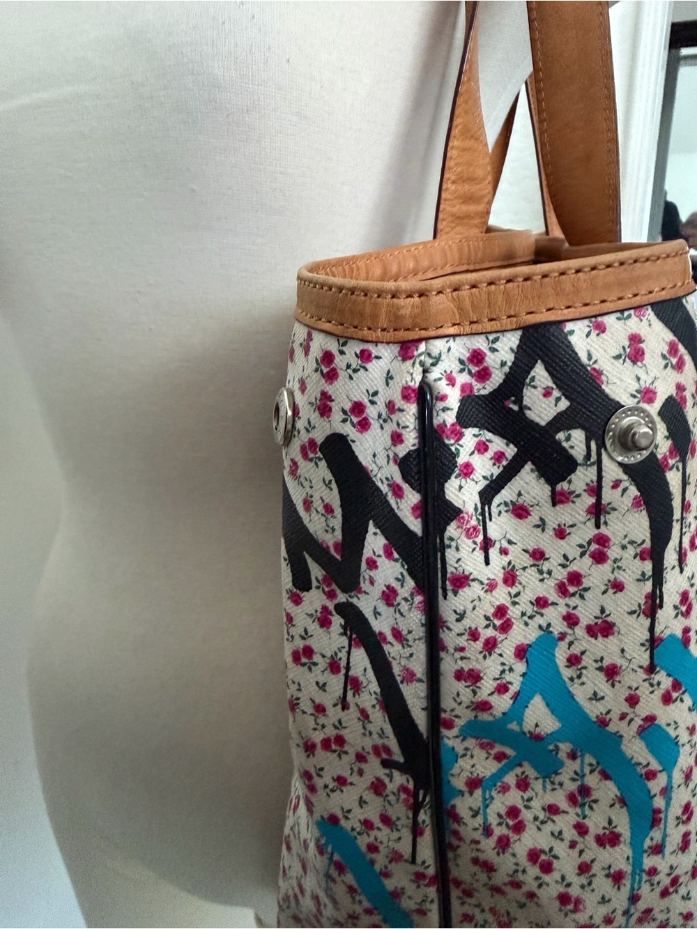 L.A.M.B. Floral Graffiti Canvas Tote with Tan Handles - Picture 5 of 9